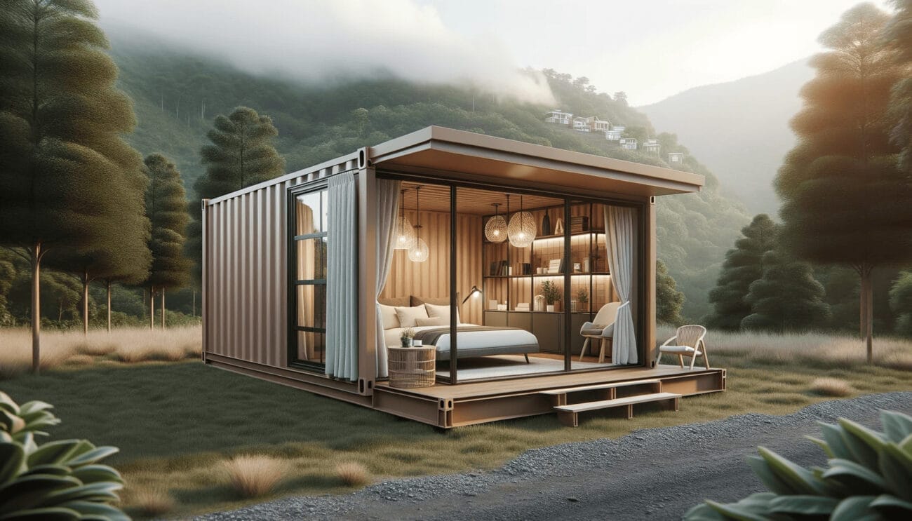 DALL·E 2023 10 19 09.15.15 Photo of a modern container cabin with a chic design placed amidst a scenic landscape. The container cabin is painted in earthy tones and has large w